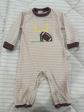 Striped Beige & White Football Applique Baby One-Piece by